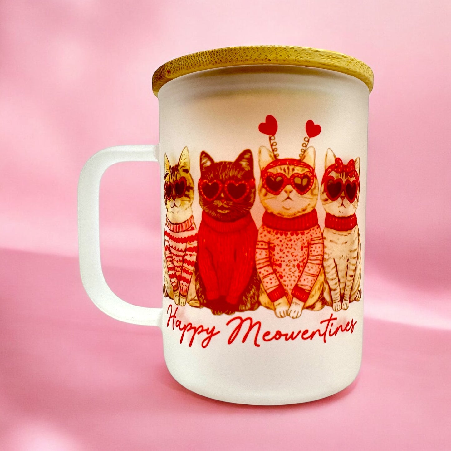🐾 “Happy Meowentines” 16oz Frosted Glass Mug 🐱💖 with Bamboo Lid & Metal Straw