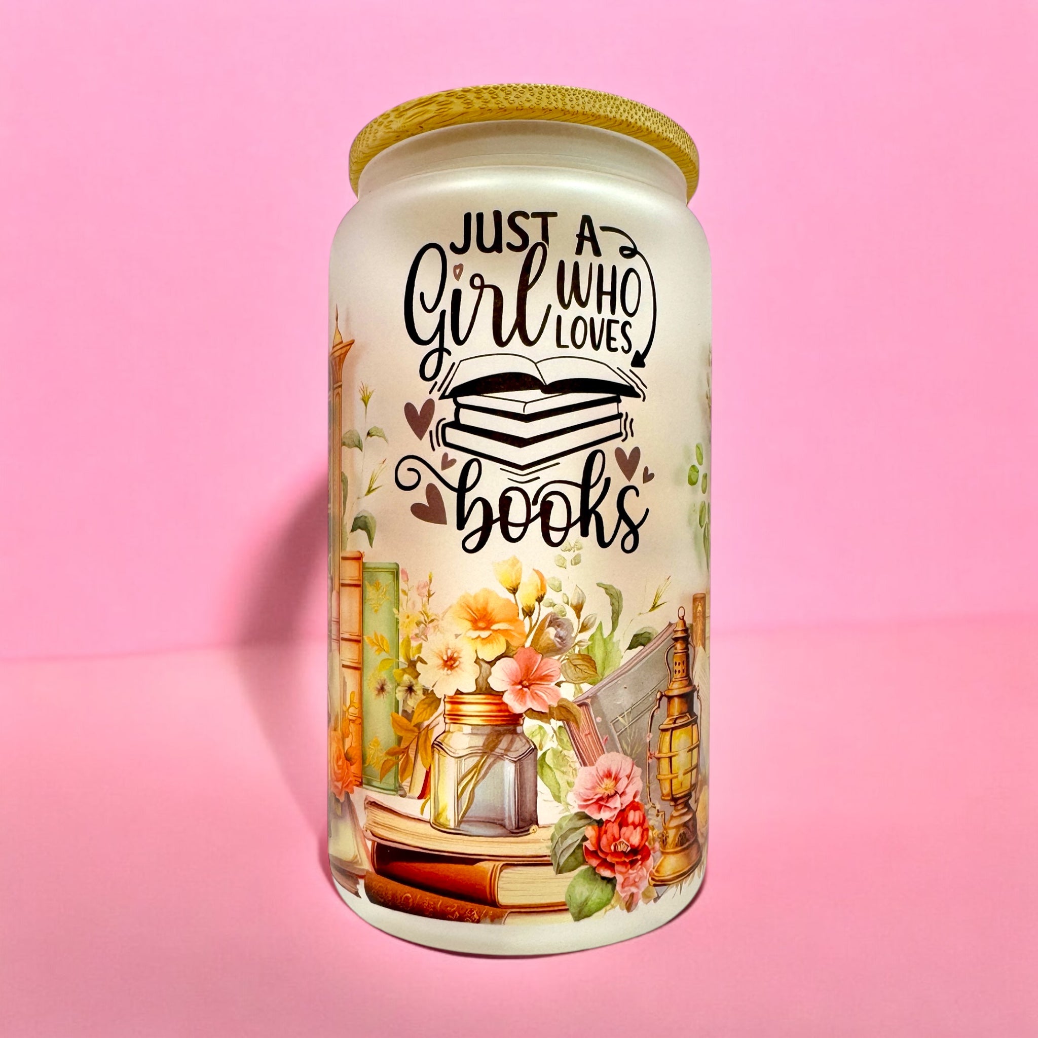 📚 “Just a Girl Who Loves Books” 16oz Frosted Glass Cup with Bamboo Lid 🌸