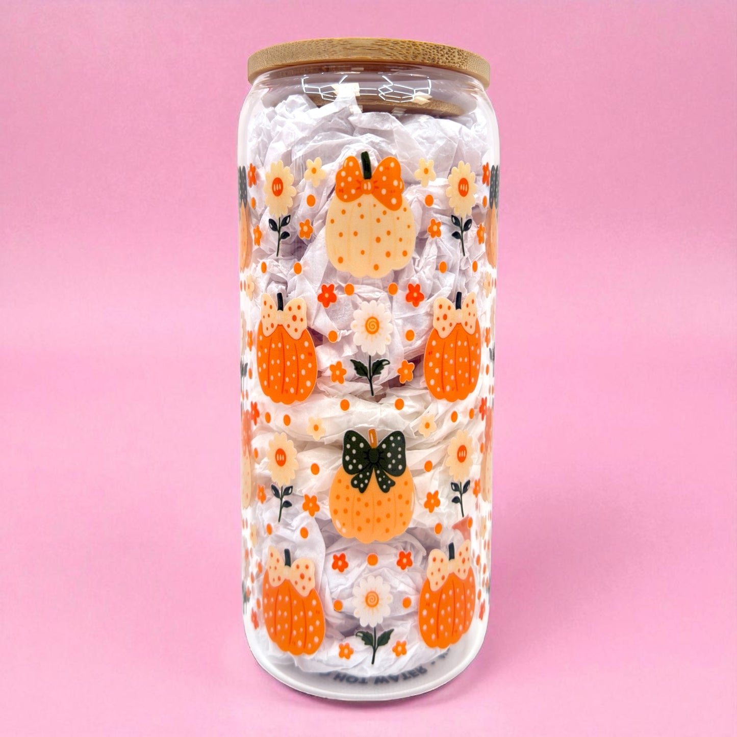 🎃✨ Pumpkin Bow Glass Cup – 20oz