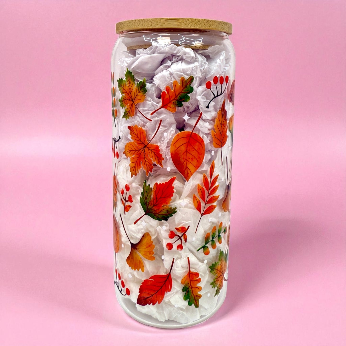 🍁 Autumn Leaves Glass Cup – 20oz
