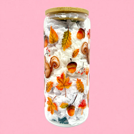 🐿️🍂 Squirrel & Acorns Glass Cup – 20oz