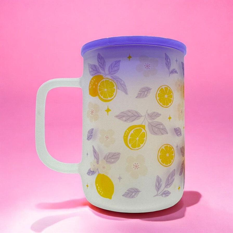 Lemon Blossom 16oz Frosted Glass Mug with Handle & Lid 🍋✨🌸
