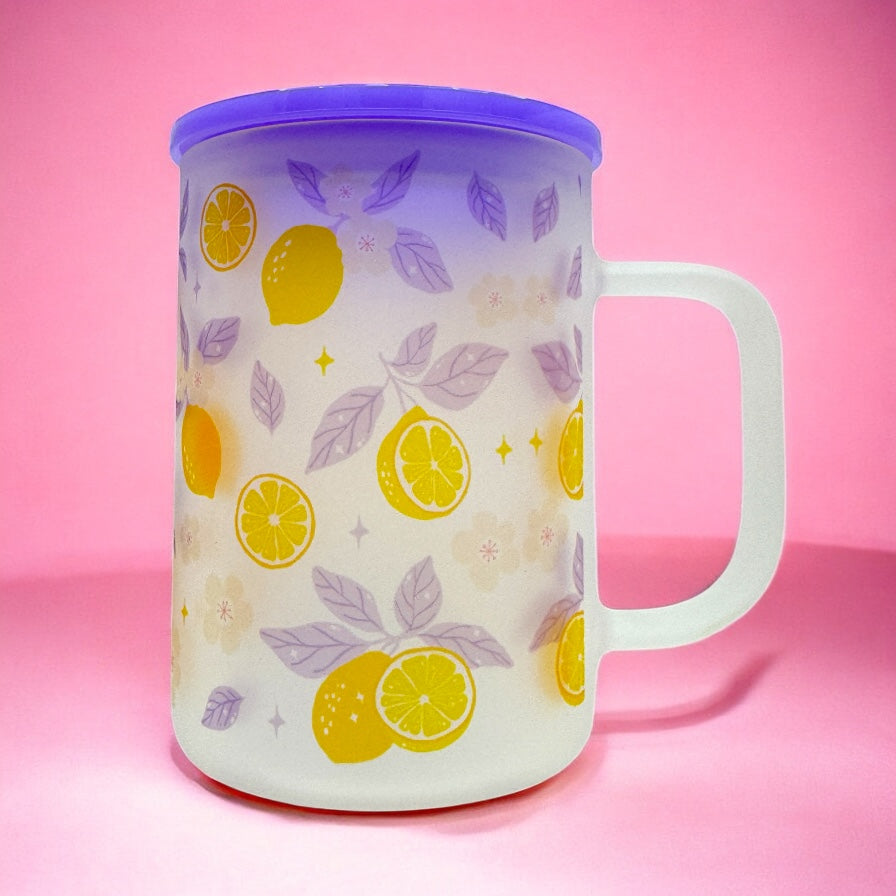 Lemon Blossom 16oz Frosted Glass Mug with Handle & Lid 🍋✨🌸