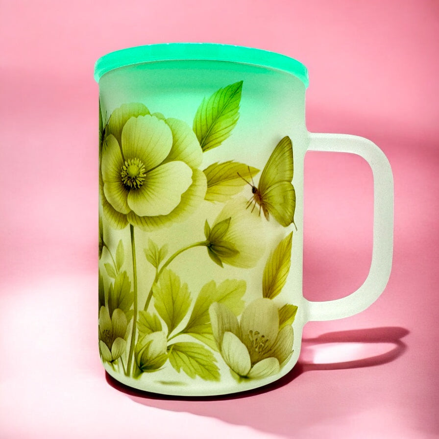Butterfly Garden Frosted Mug – 16oz 💚🌼✨