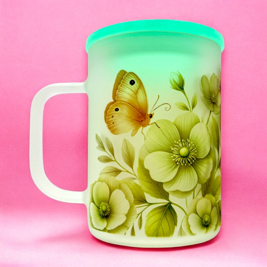 Butterfly Garden Frosted Mug – 16oz 💚🌼✨