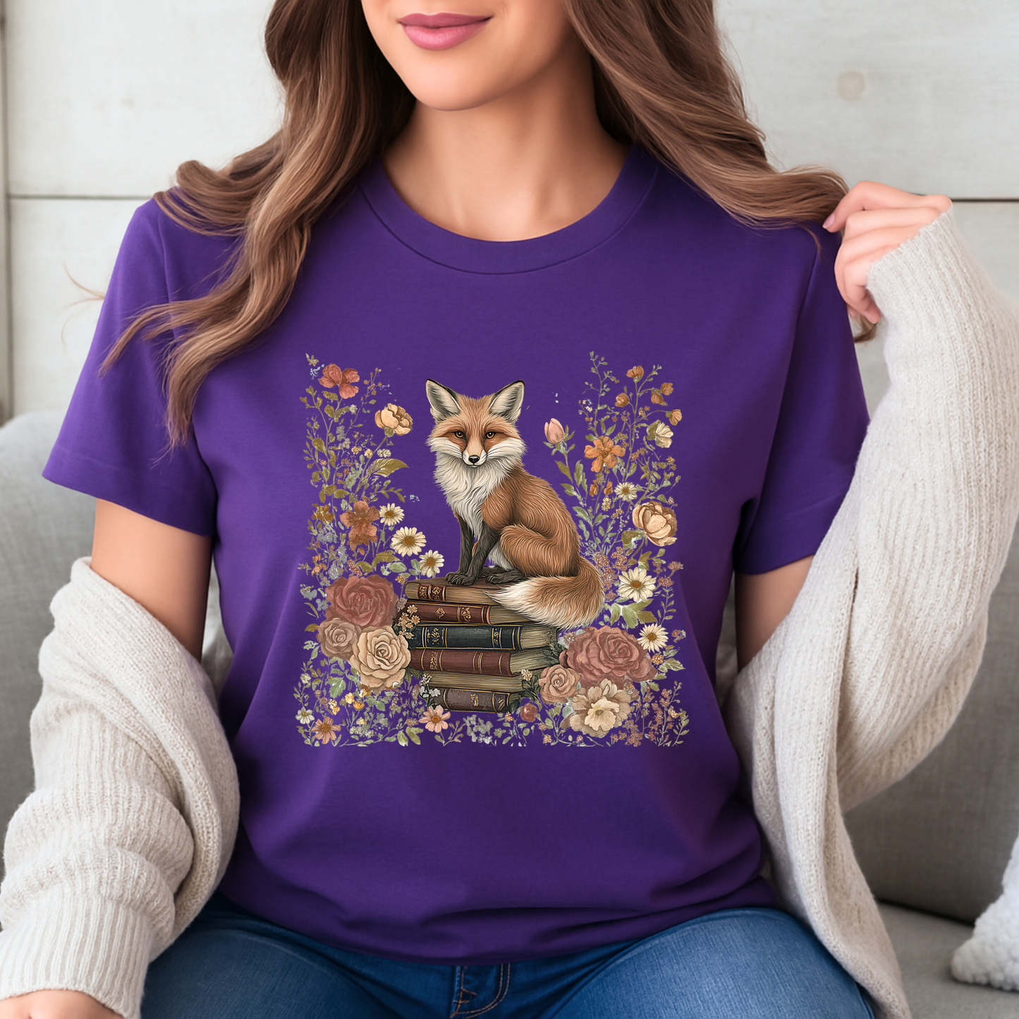 🦊📚 Floral Bookish Fox Tee🧣100% Organic cotton
