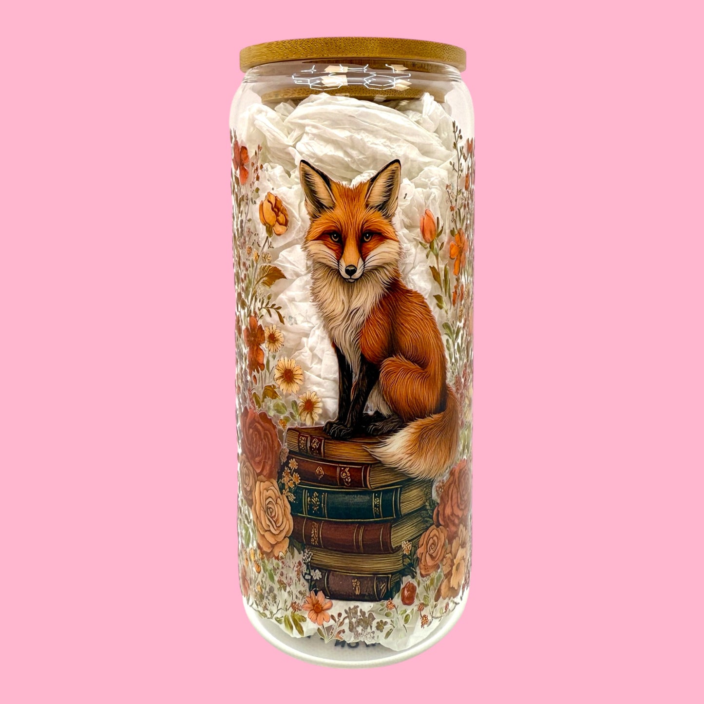 📚🦊 Fox & Books 20oz Glass Cup with Bamboo Lid 🍂