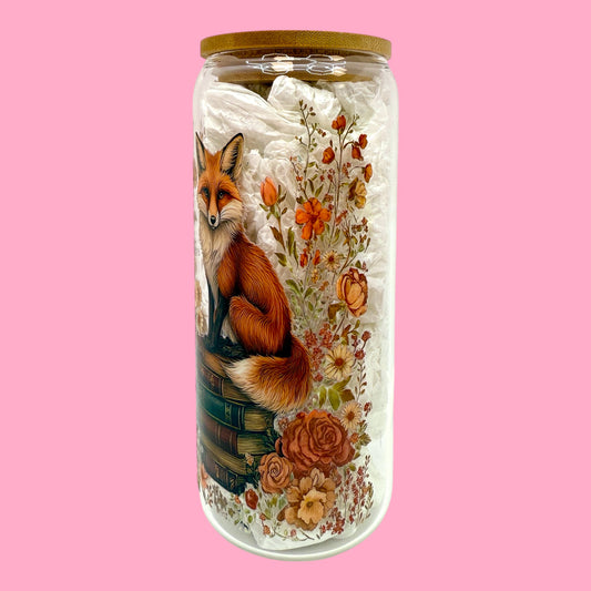 📚🦊 Fox & Books 20oz Glass Cup with Bamboo Lid 🍂