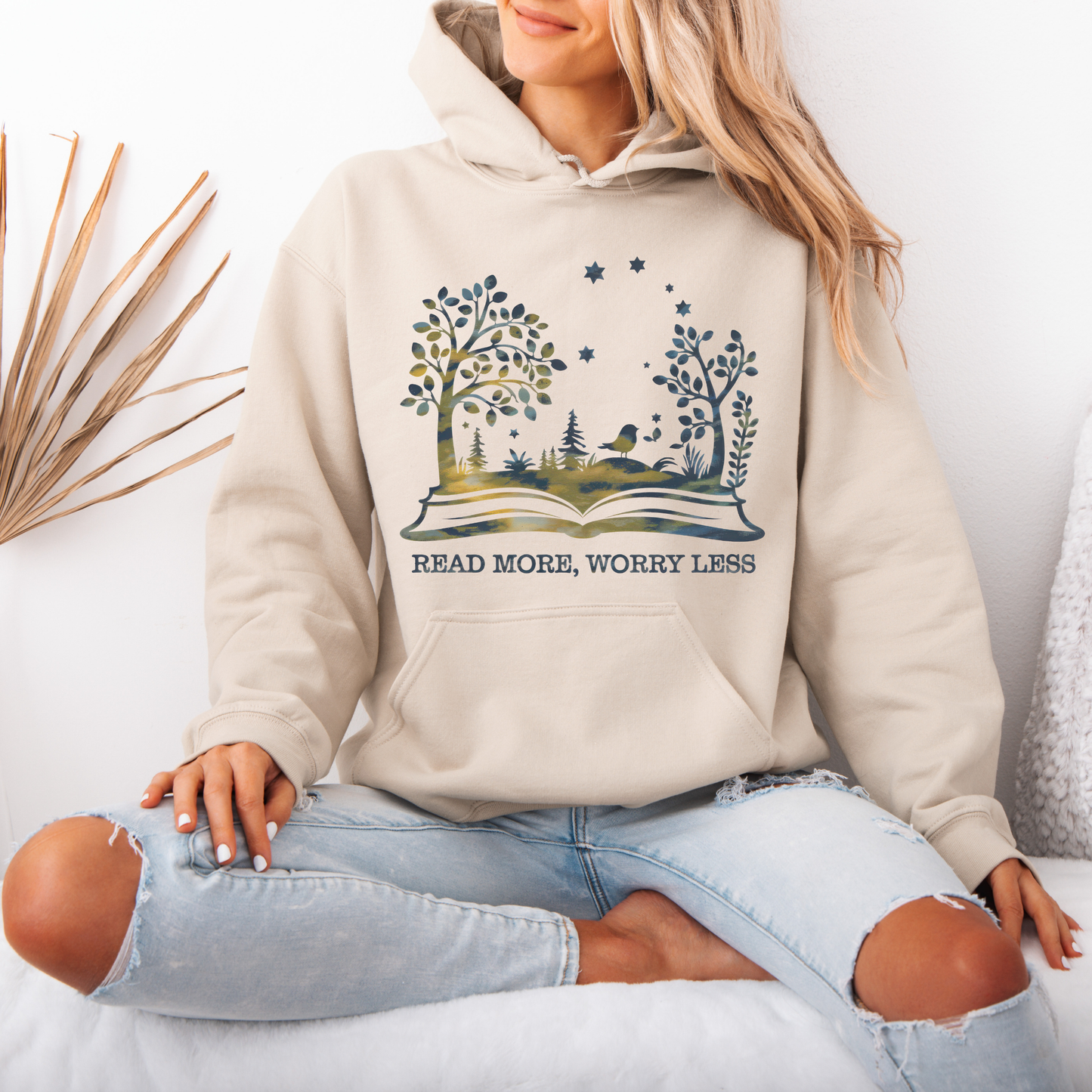 📚🌿 “Read More, Worry Less” Nature Hoodie – Book Lover Vibes ✨🕊️