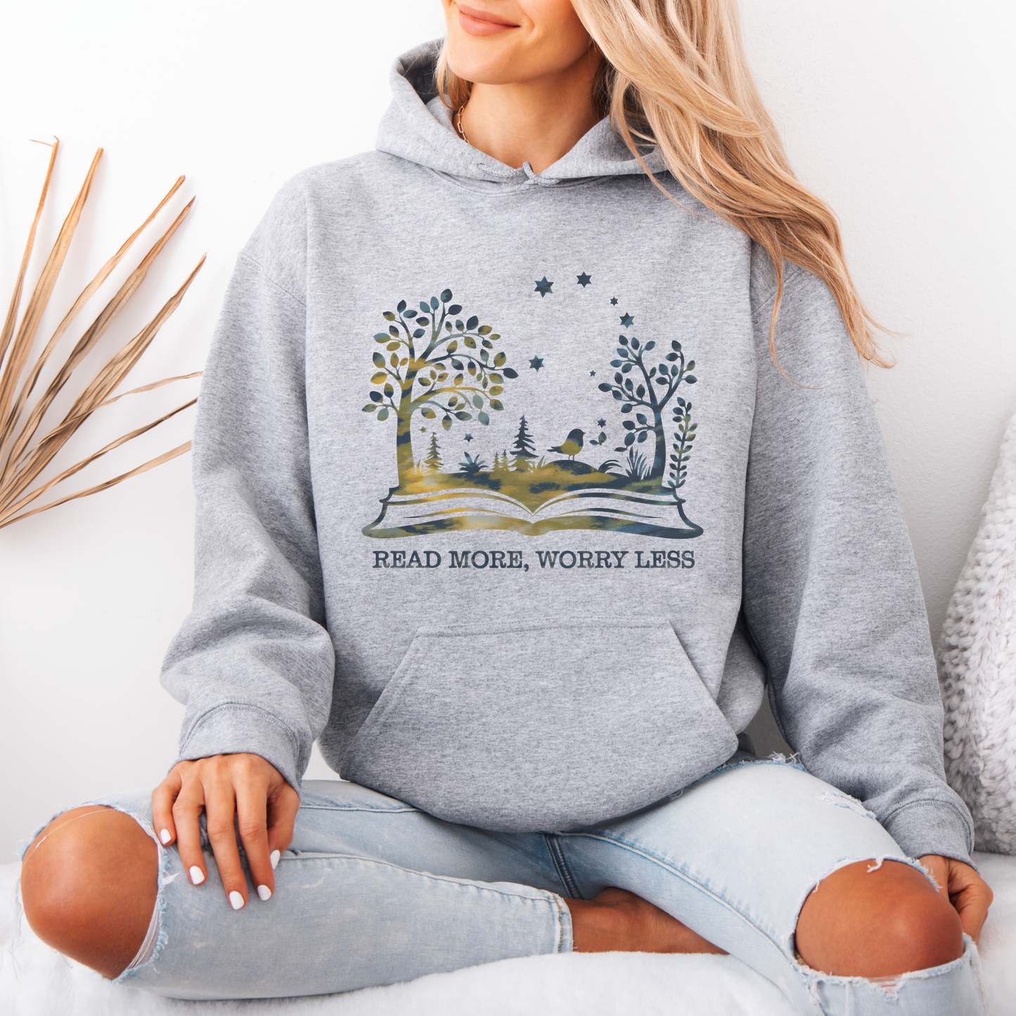 📚🌿 “Read More, Worry Less” Nature Hoodie – Book Lover Vibes ✨🕊️