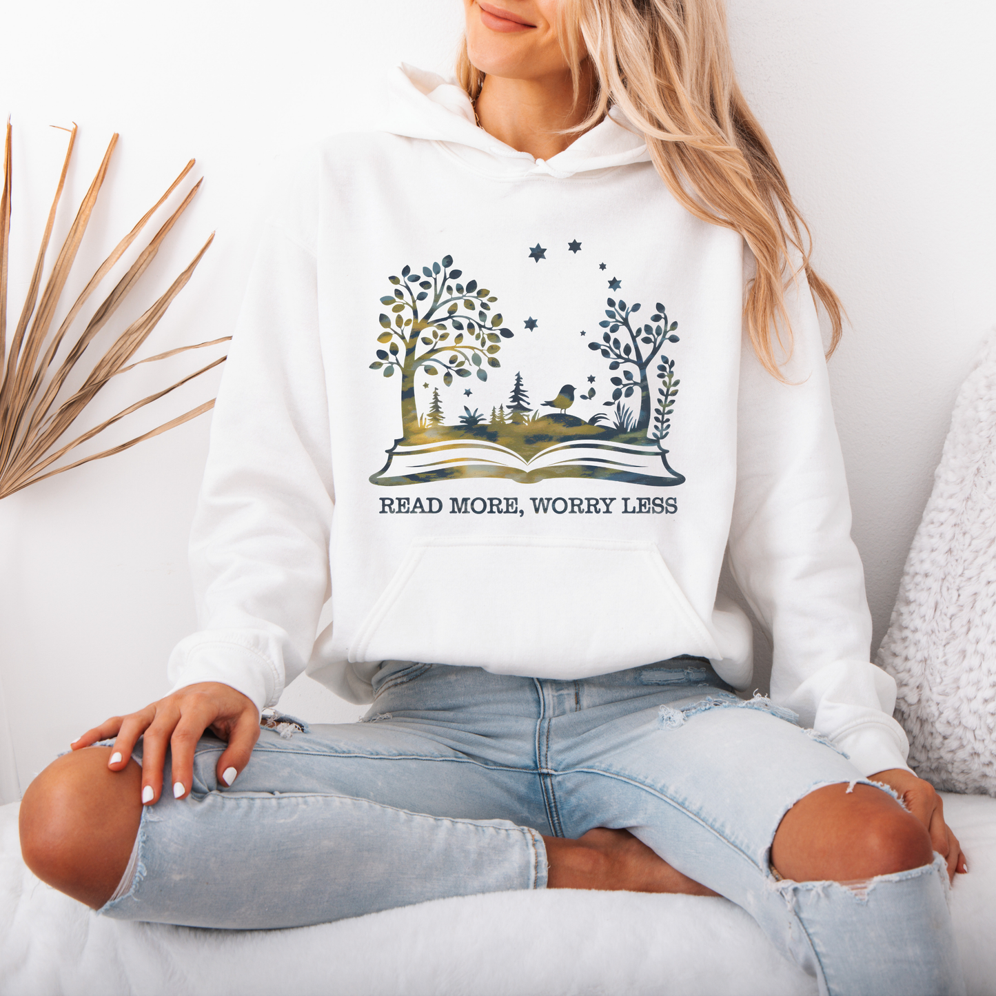 📚🌿 “Read More, Worry Less” Nature Hoodie – Book Lover Vibes ✨🕊️