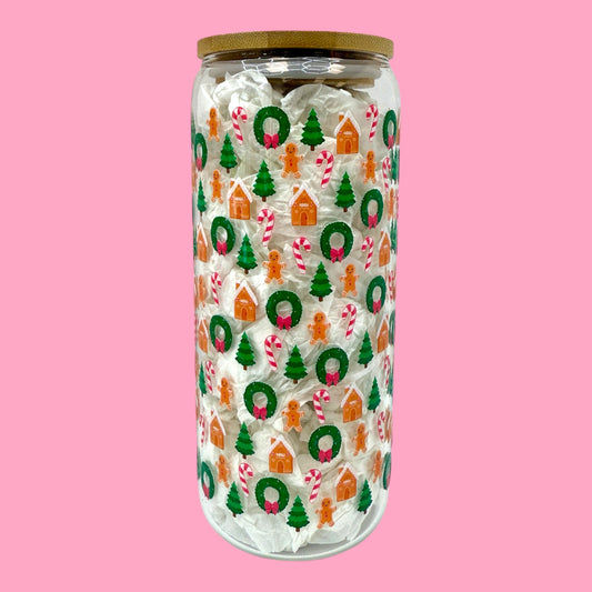 🍪 Gingerbread Christmas 20oz Glass Cup 🎄✨