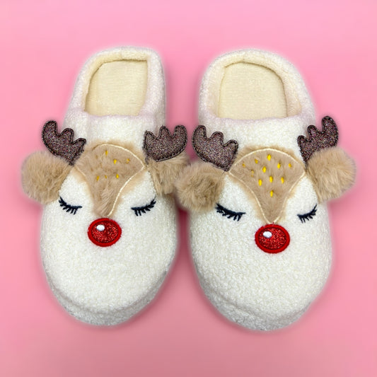🦌 Cream Reindeer Christmas Slippers 🎄✨