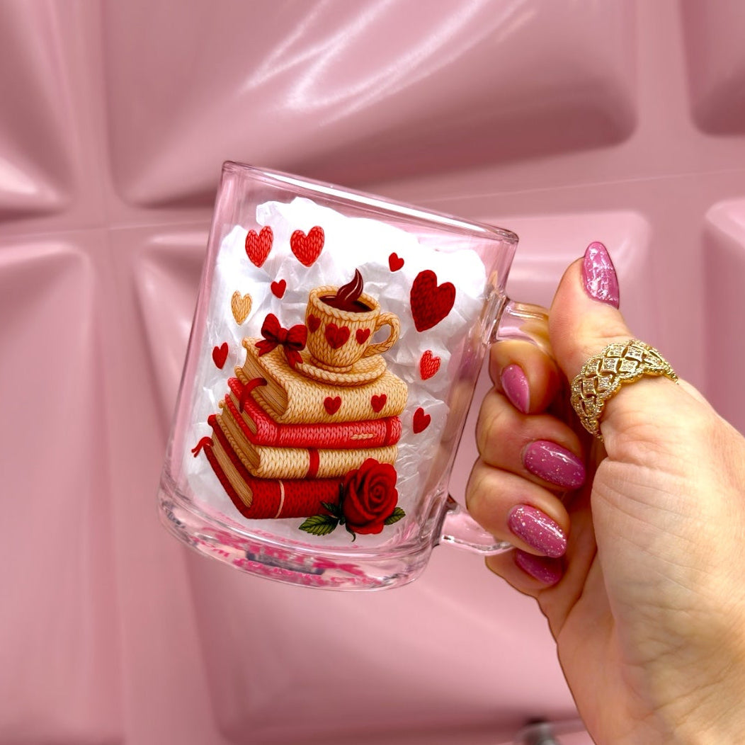 ☕️📚❤️ Love & Books 11oz Glass Mug, Cozy Romance Vibes✨