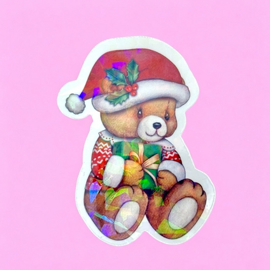 🧸 Christmas Teddy Bear Holographic Sticker 🎁✨