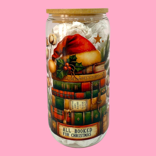 🎄📚 All Booked for Christmas 16oz Glass Cup ☕✨