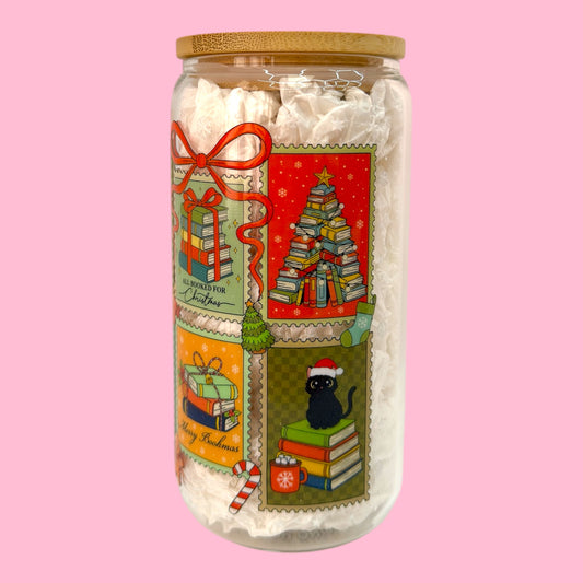 🎄📚 Christmas Stamps 16oz Glass Cup ☕💌