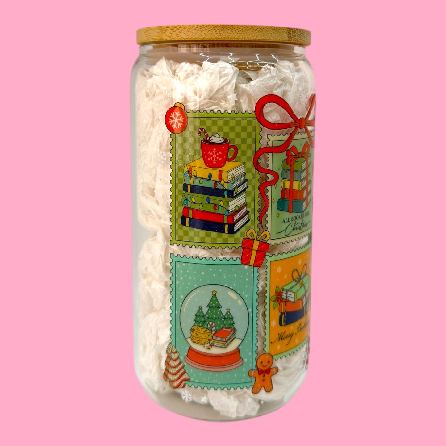 🎄📚 Christmas Stamps 16oz Glass Cup ☕💌