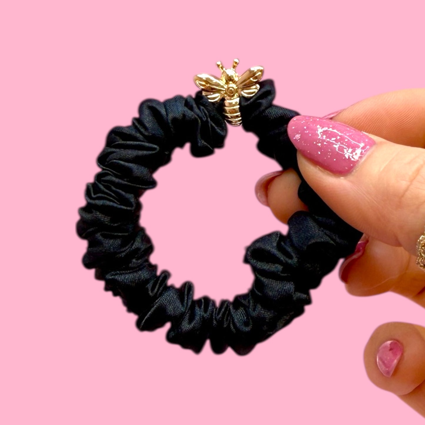 🖤🐝 Satin Hair Scrunchie with Gold Bee Charm ✨