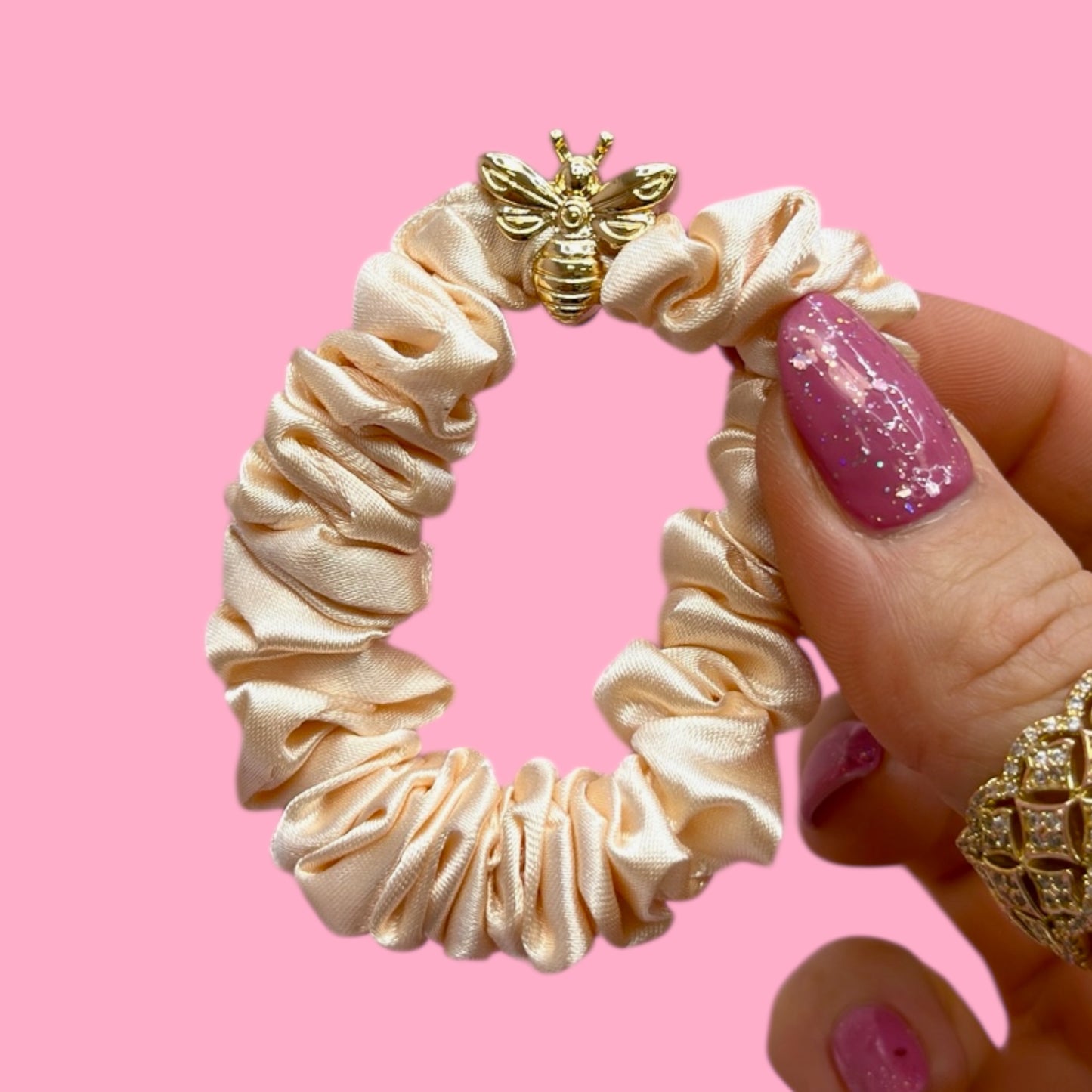 ✨🐝 Satin Hair Scrunchie, Champagne with Gold Bee Charm 🤍