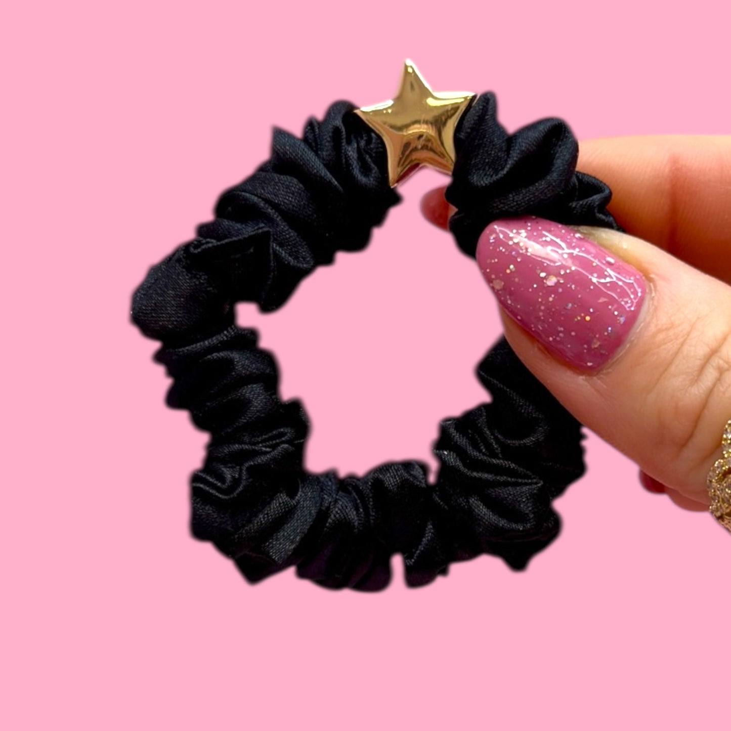 ⭐🖤 Satin Hair Scrunchie with Gold Star Charm ✨