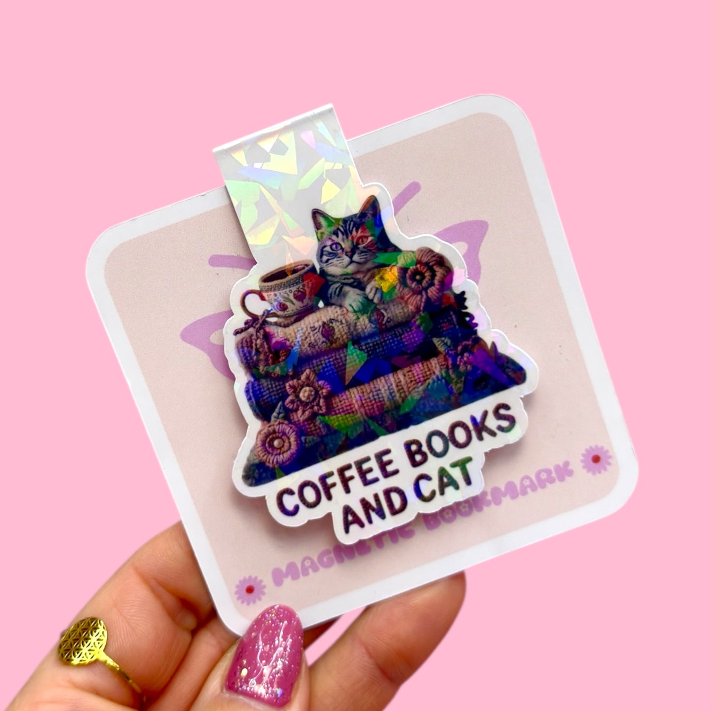 ☕📚🐱 Coffee Books and Cat – Magnetic Bookmark ✨