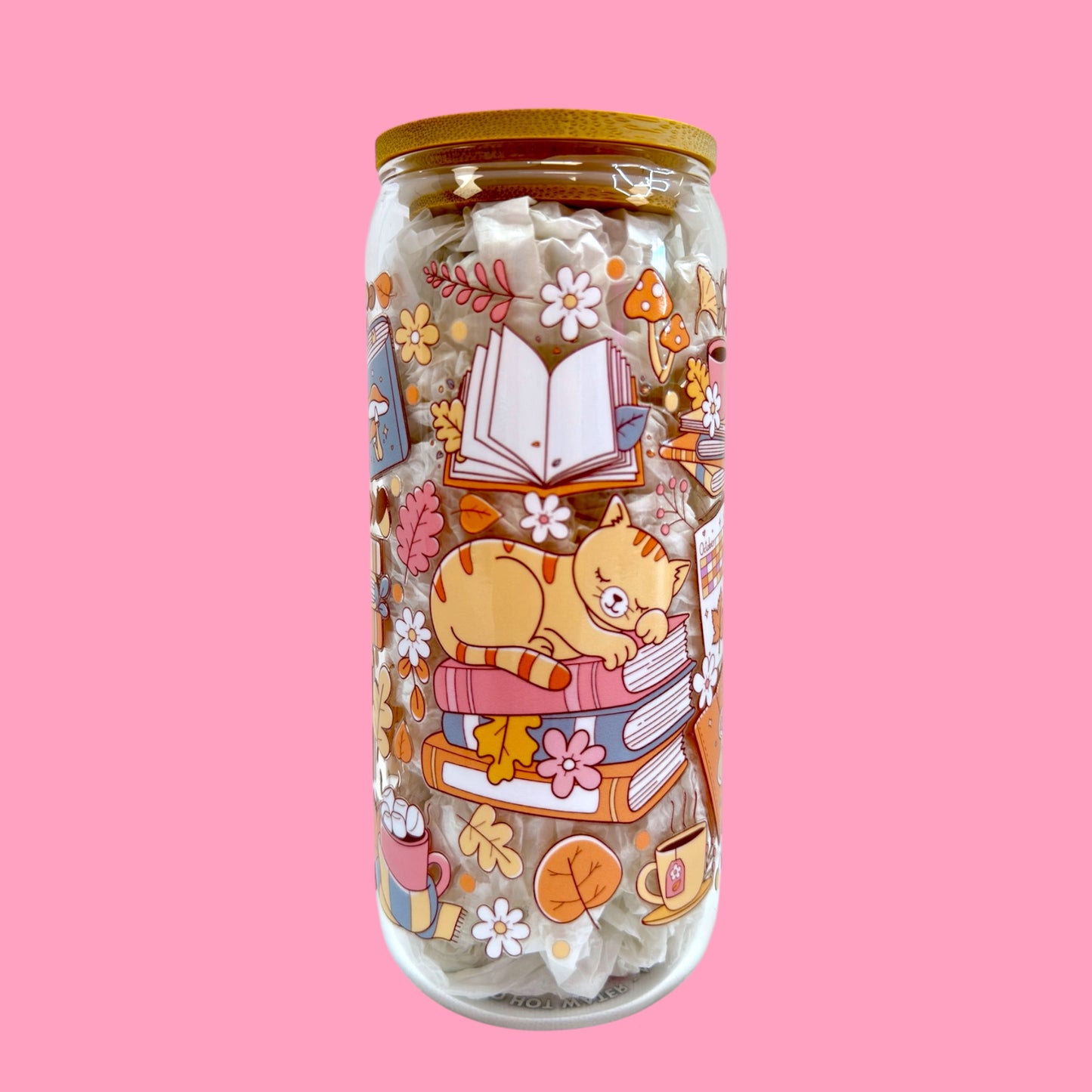 📚🍁 Cozy Reads & Fall Dreams – 20oz Glass Cup 🐱☕🍄