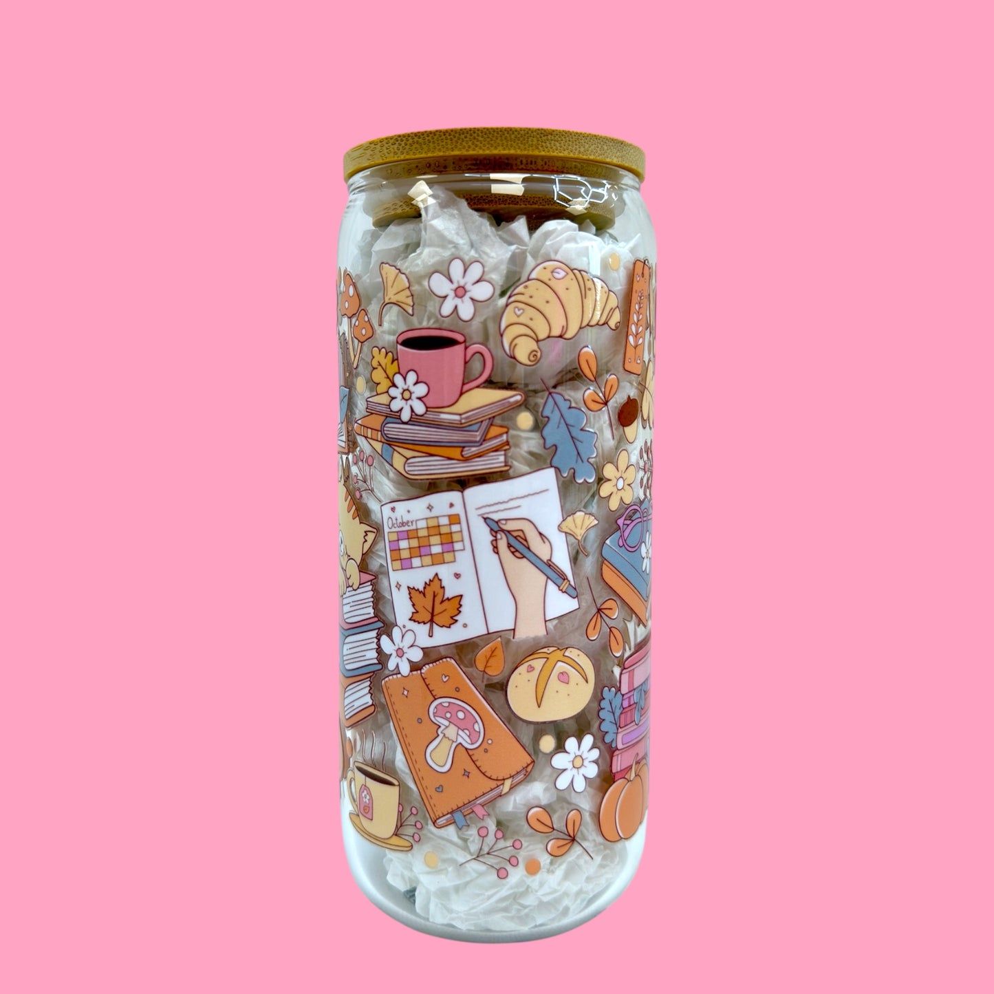📚🍁 Cozy Reads & Fall Dreams – 20oz Glass Cup 🐱☕🍄