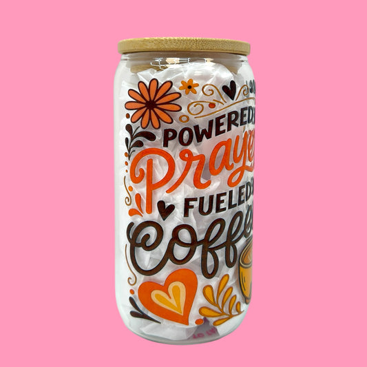 Powered by Prayer & Fueled by Coffee 16oz Glass Cup ☕✨