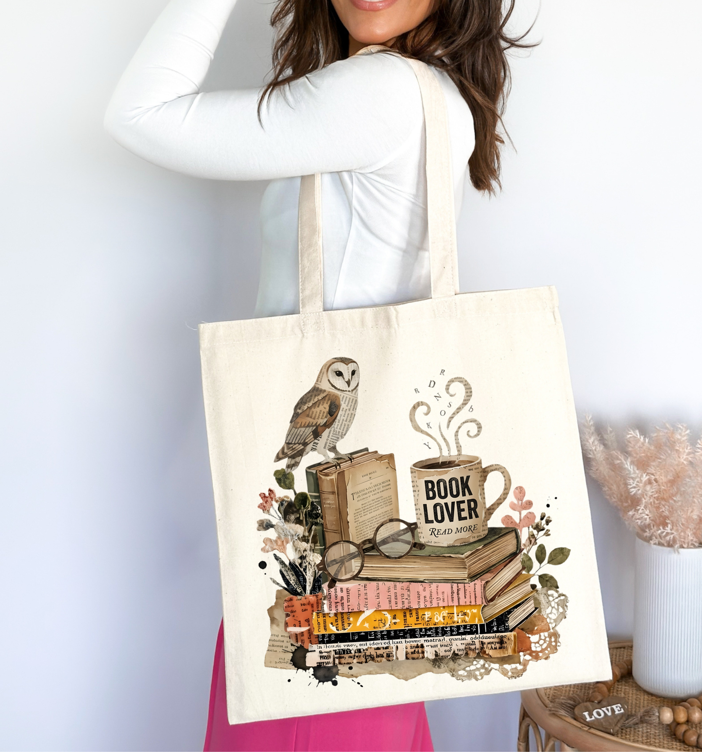 📚🦉Vintage Book Lover Canvas Tote Bag ☕✨