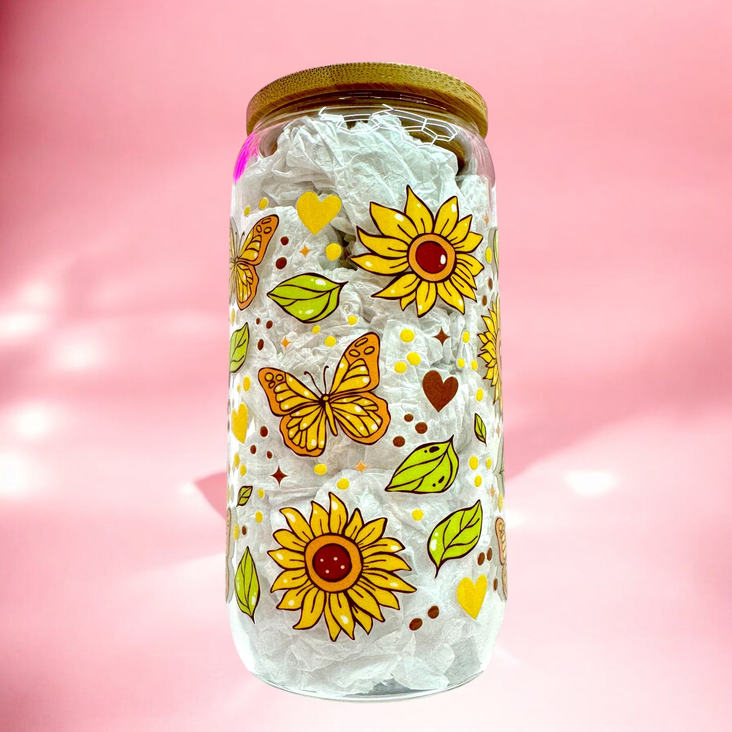 Butterfly Kisses & Sunflower Sips – 16oz Glass Cup 🌻🦋