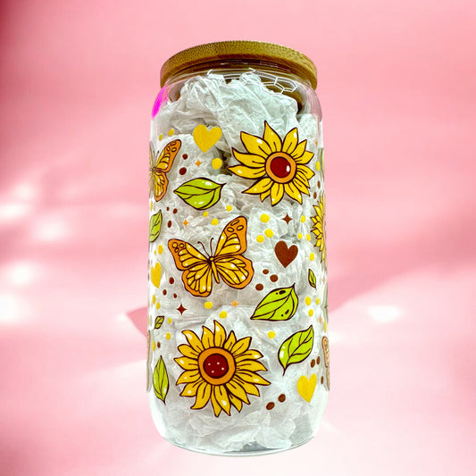Butterfly Kisses & Sunflower Sips – 16oz Glass Cup 🌻🦋