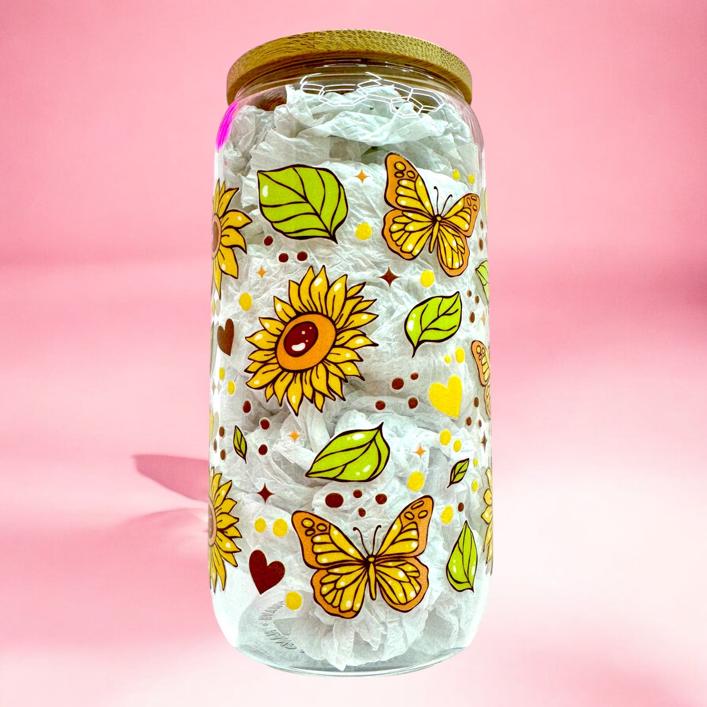 Butterfly Kisses & Sunflower Sips – 16oz Glass Cup 🌻🦋