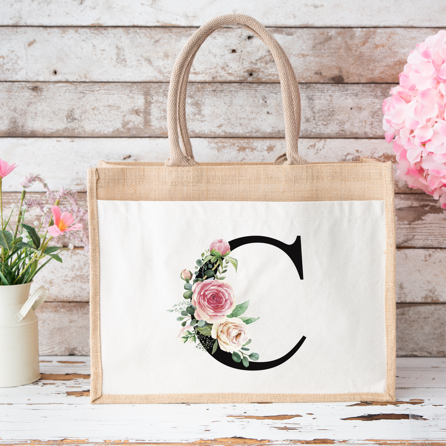 ✨Personalised Initial Jute Bag – Floral Monogram Design 👜🌸