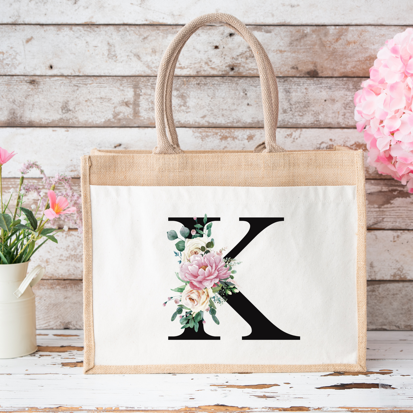 ✨Personalised Initial Jute Bag – Floral Monogram Design 👜🌸