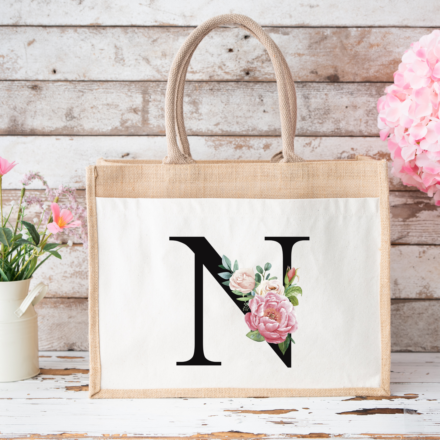 ✨Personalised Initial Jute Bag – Floral Monogram Design 👜🌸