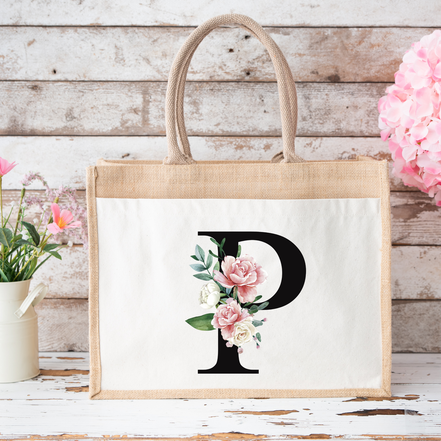 ✨Personalised Initial Jute Bag – Floral Monogram Design 👜🌸