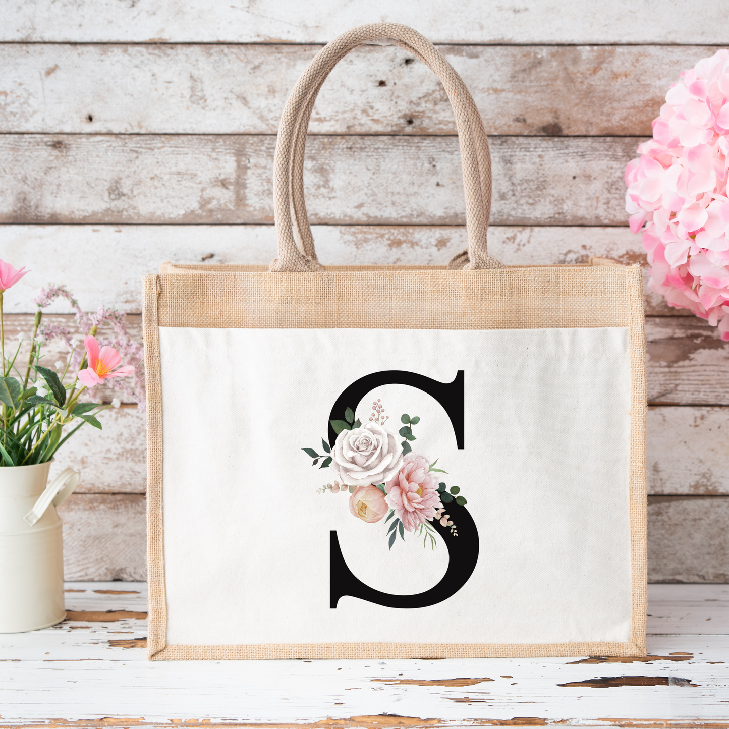 ✨Personalised Initial Jute Bag – Floral Monogram Design 👜🌸