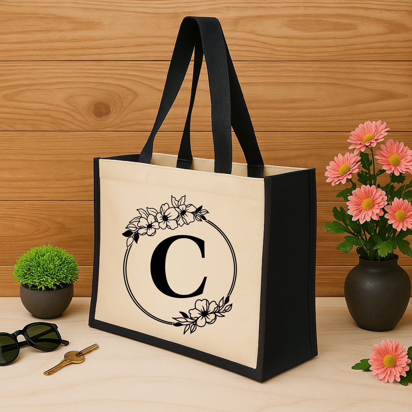 ✨Custom Floral Monogram Jute Tote Bag – Timeless & Personalised 🌿👜