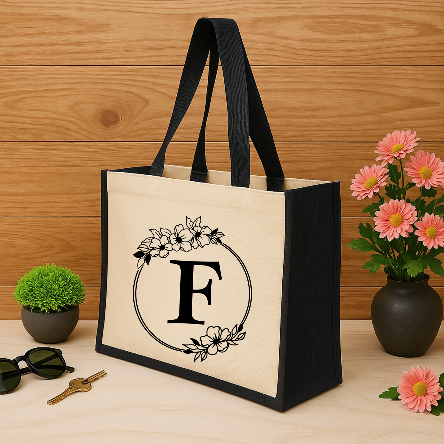 ✨Custom Floral Monogram Jute Tote Bag – Timeless & Personalised 🌿👜