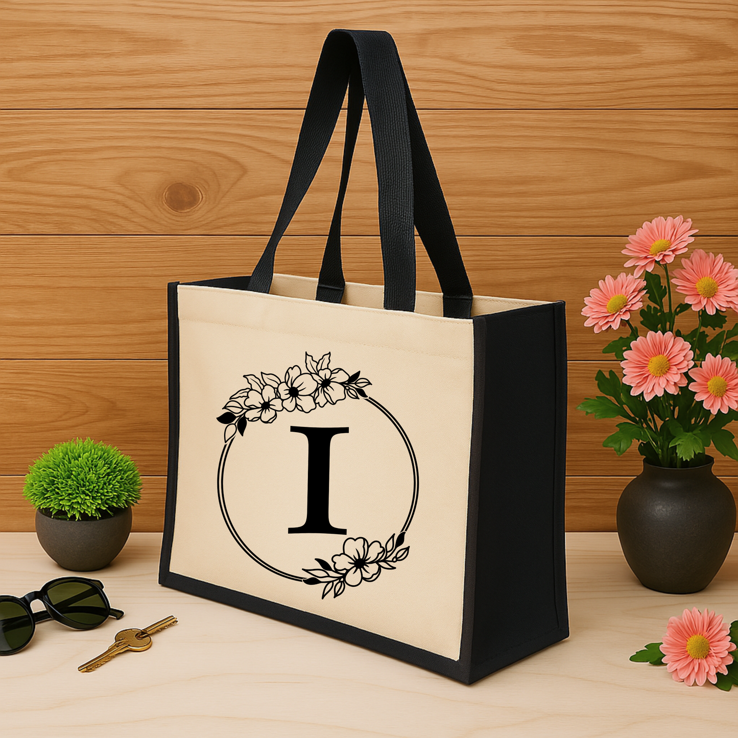 ✨Custom Floral Monogram Jute Tote Bag – Timeless & Personalised 🌿👜