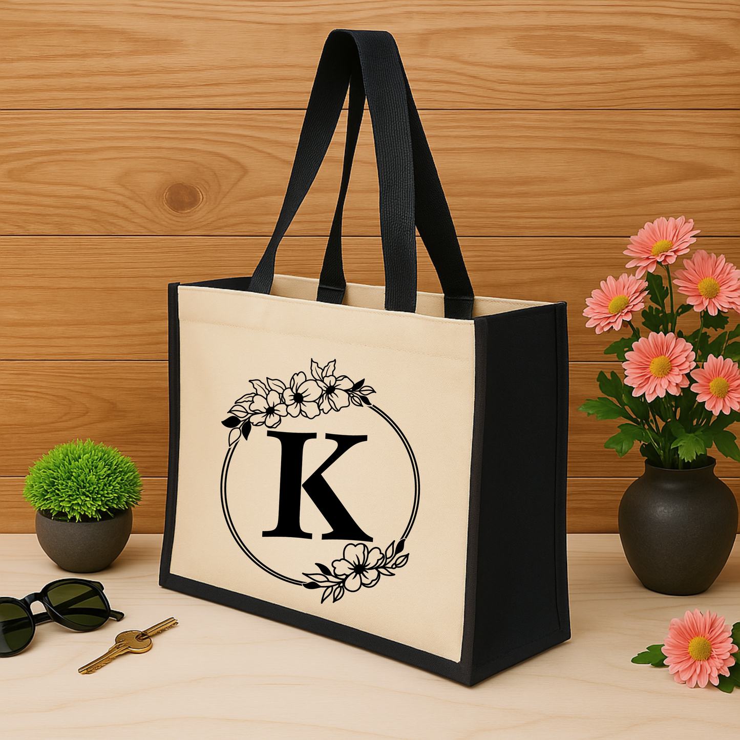 ✨Custom Floral Monogram Jute Tote Bag – Timeless & Personalised 🌿👜