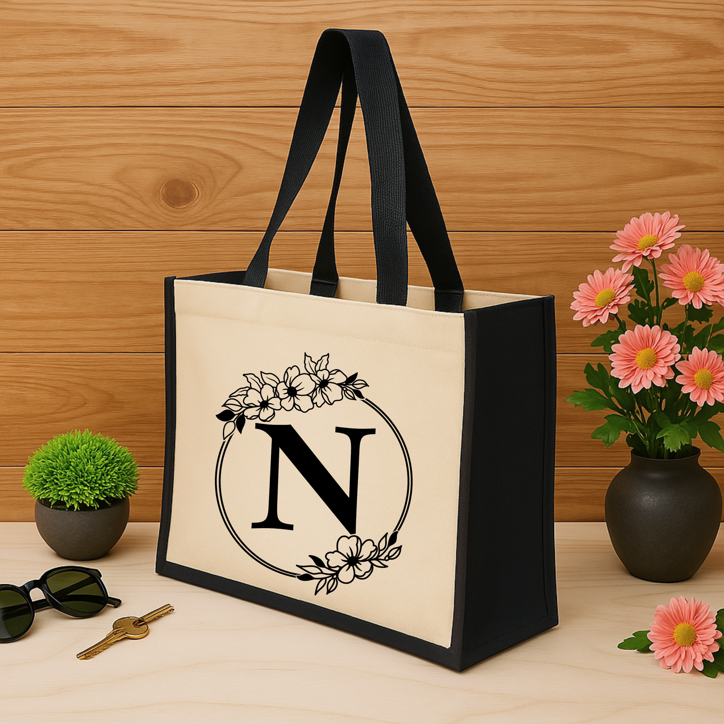 ✨Custom Floral Monogram Jute Tote Bag – Timeless & Personalised 🌿👜