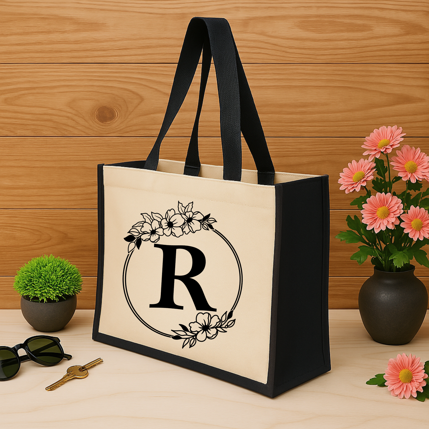 ✨Custom Floral Monogram Jute Tote Bag – Timeless & Personalised 🌿👜