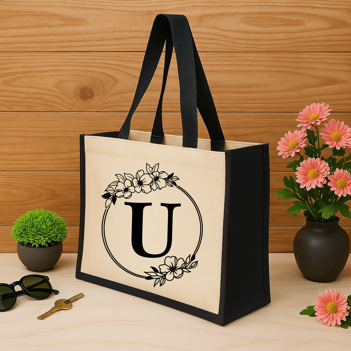✨Custom Floral Monogram Jute Tote Bag – Timeless & Personalised 🌿👜