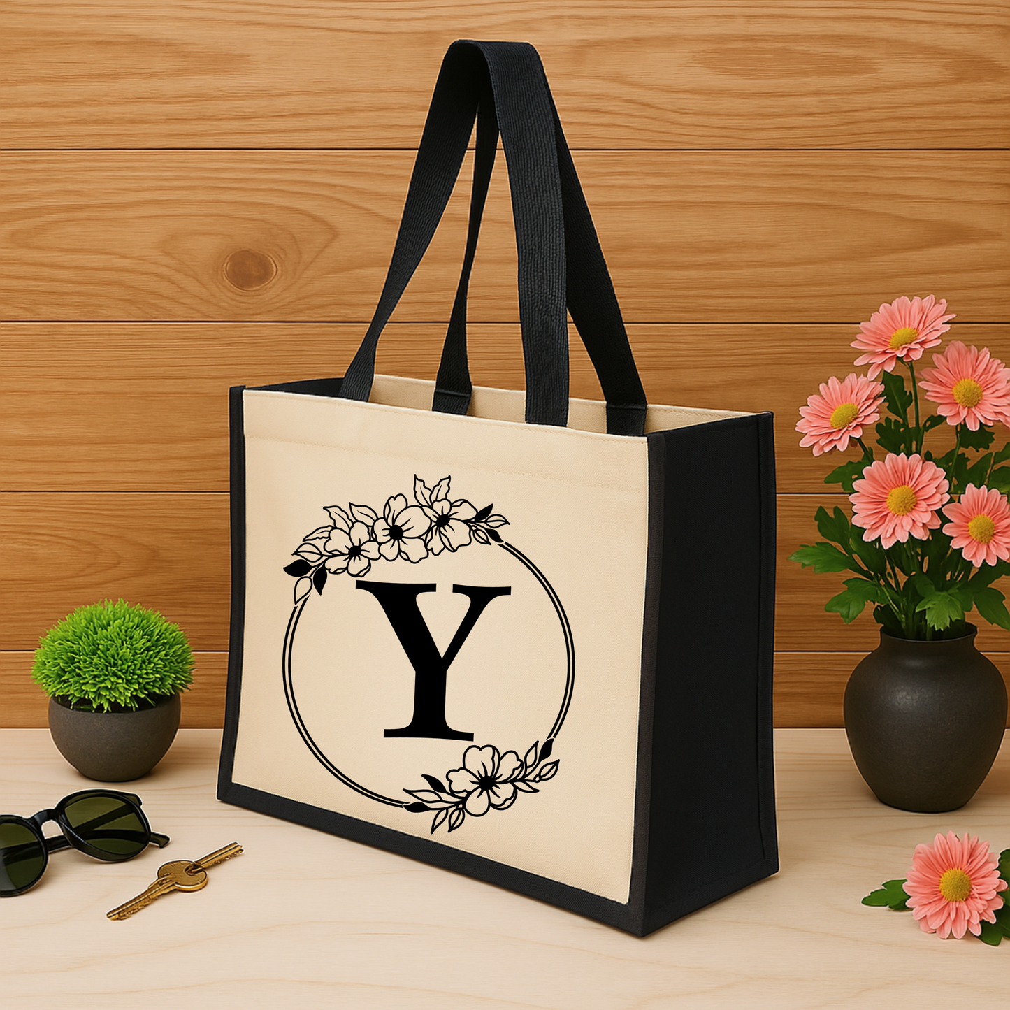 ✨Custom Floral Monogram Jute Tote Bag – Timeless & Personalised 🌿👜