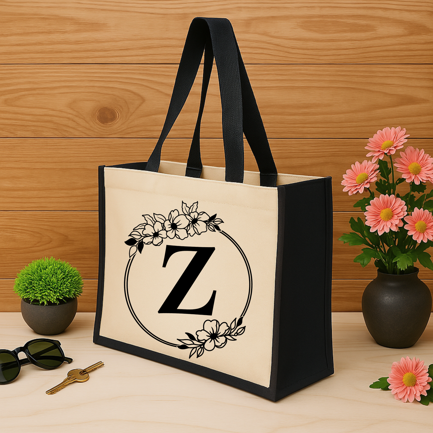 ✨Custom Floral Monogram Jute Tote Bag – Timeless & Personalised 🌿👜
