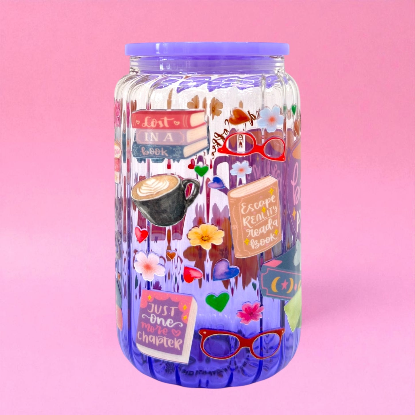 📚✨ Bookworm’s Paradise 16oz Glass Cup ☕🌸