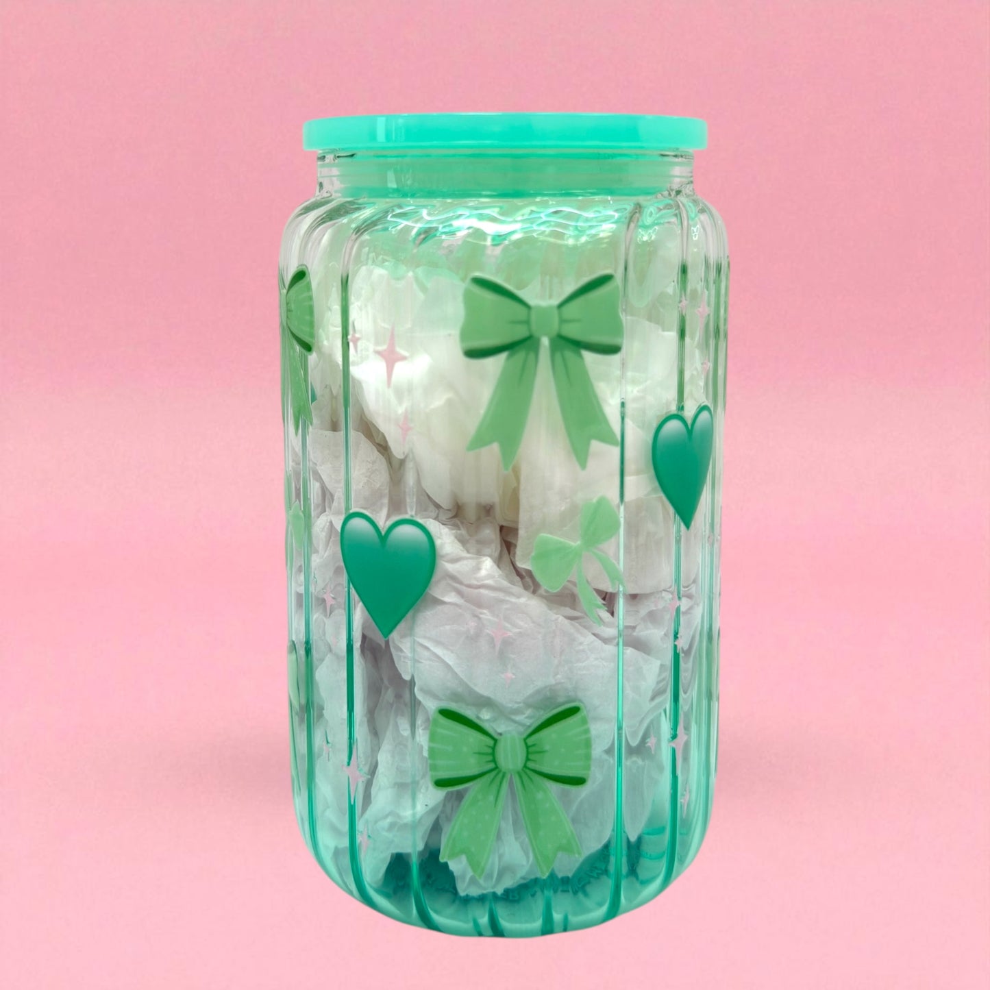 🎀💚 Mint Bow & Heart 16oz Glass Cup