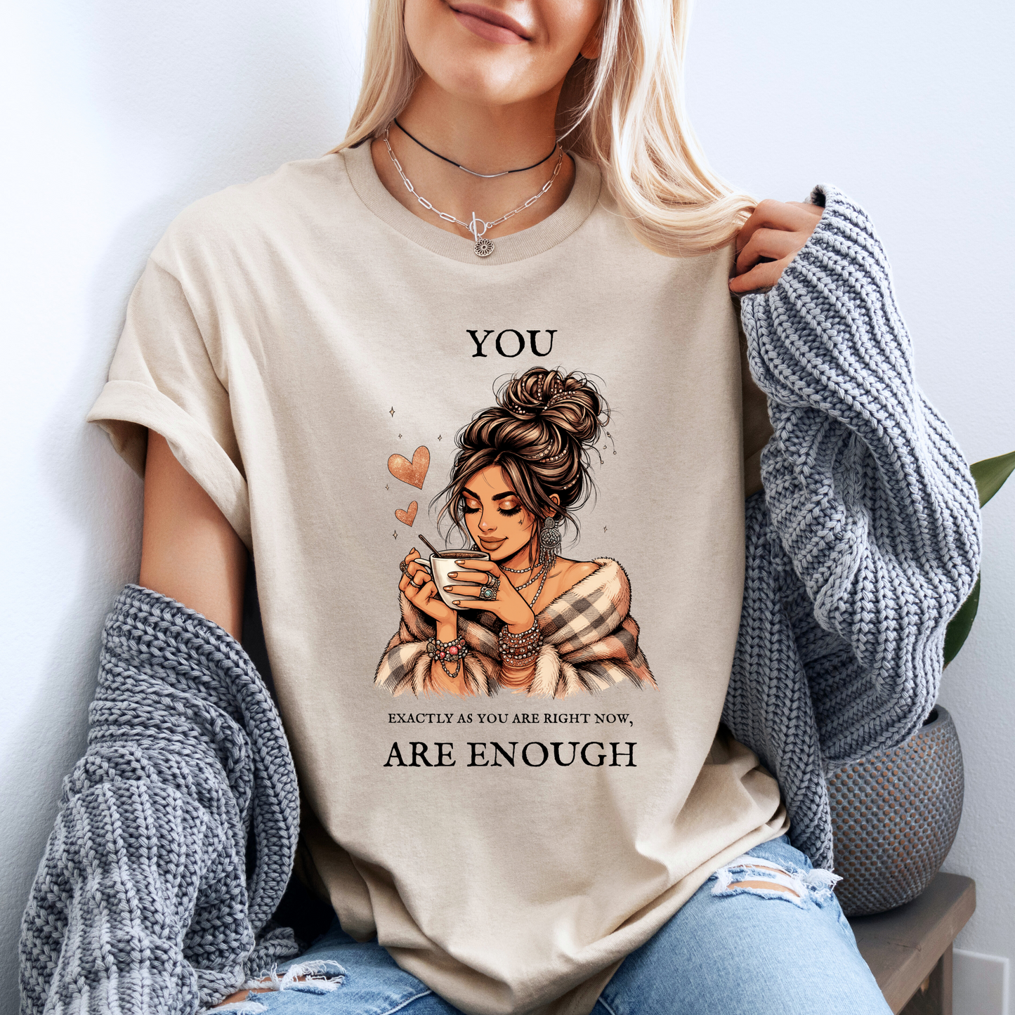 ✨☕ Cozy Self-Love Tee 💕🌸
“You Are Enough” 🌿💖